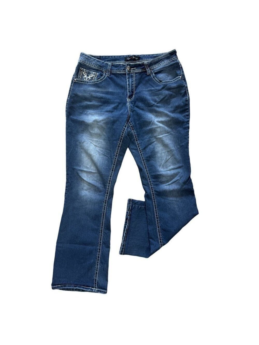 LOVE INDIGO Mid Rise Bootcut Jeans Size 14 Embellished Cross Pocket